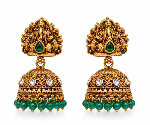 Nevik - Divine Ganesha Green Beaded Necklace & Jhumka Set
