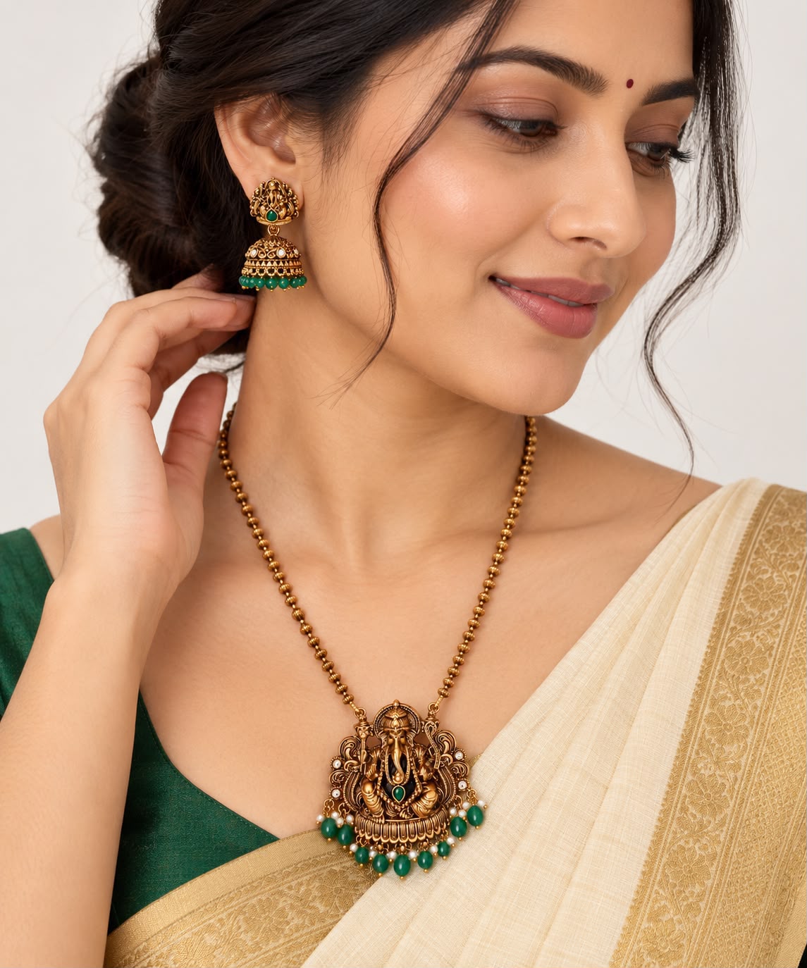 Nevik - Divine Ganesha Green Beaded Necklace & Jhumka Set