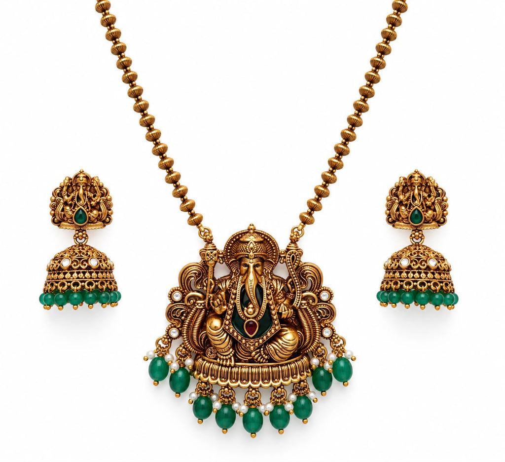 Nevik - Divine Ganesha Green Beaded Necklace & Jhumka Set