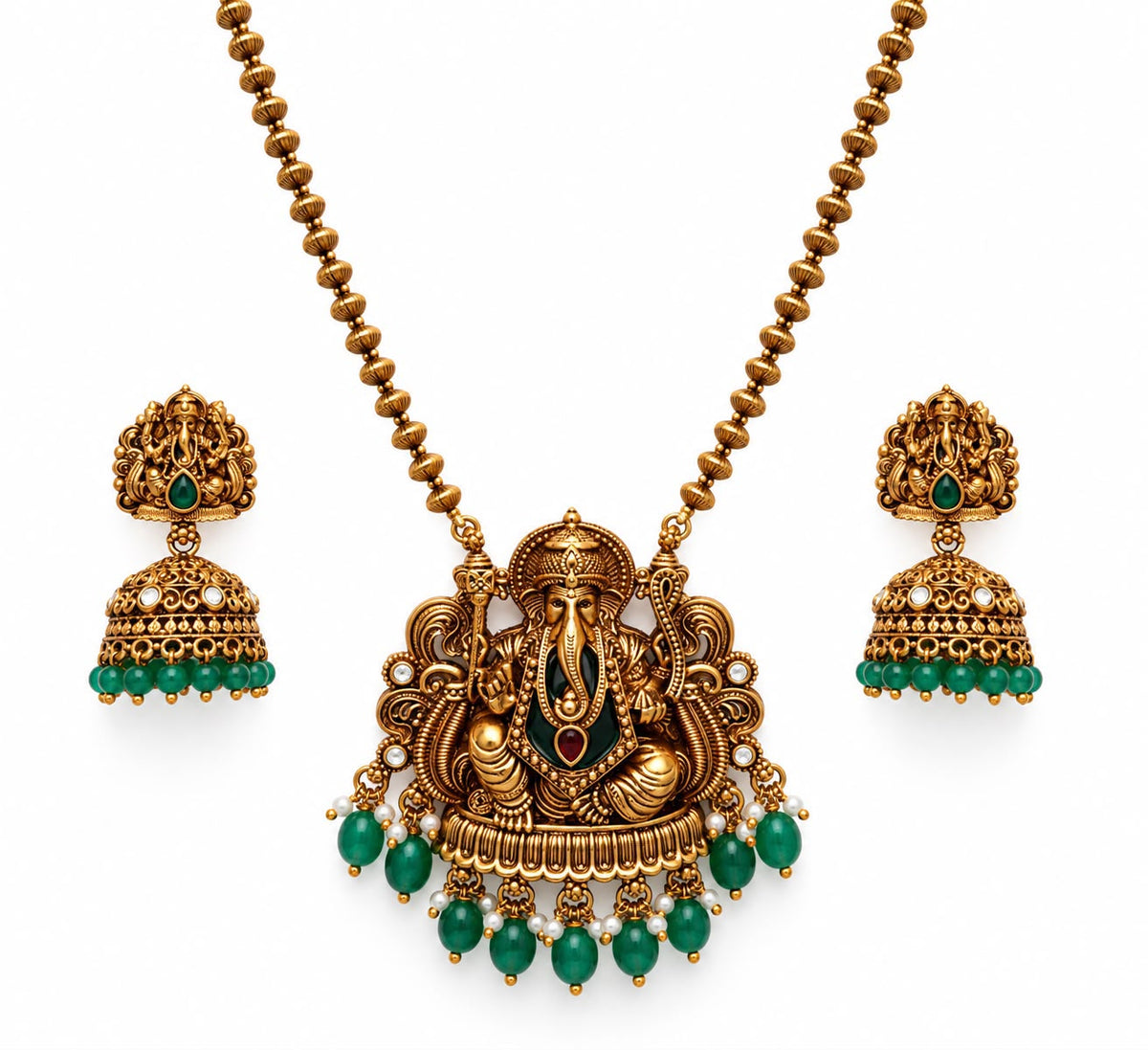 Nevik - Divine Ganesha Green Beaded Necklace & Jhumka Set